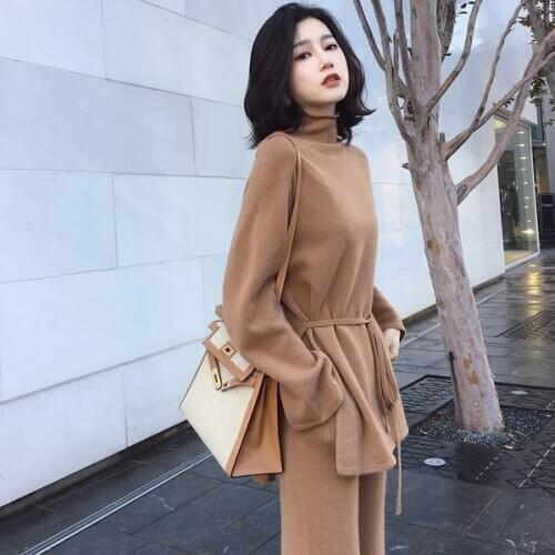 2020 winter knitted women suit 2 piece set solid color turtleneck sweater knitted pants suit pullover sets