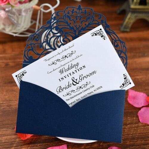 10pcs Luxury Pearl Paper Floral Wedding Invitations Card Blue Laser Cut Elegant Lace Invitation Cards For Wedding Birthday Party