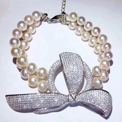 2rows white freshwater pearl near round 8-9mm +zircon bracelet 8inch FPPJ wholesale beads nature