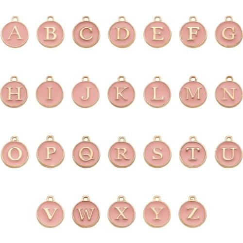 26pcs Alphabet Letter A-Z Enamel Charms Double Face Flat Round Initial Letter Pendant For DIY Bracelet Necklace Pink White Black