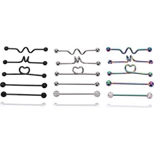 6Pc/Set Heart Arrow Industrial Piercing Jewelry Pack Industrial Barbell Earrings Bar Stainless Cartilage Tragus Piercing Jewelry