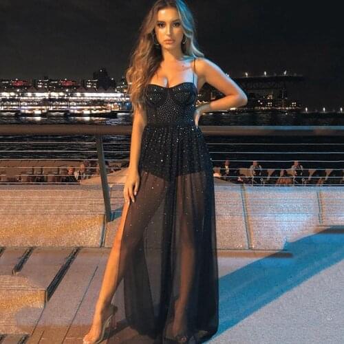 Sparkle Spaghetti Strap Evening Dresses Long Luxury 2021 Gorgeous Black Illusion Sexy Prom Gowns Custom Made vestido de fiesta