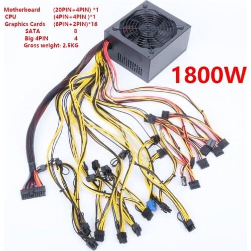 1800W PC Power Supply for Crypto-mining and Rendering Equipment (6PIN+2PIN) Graphics interface*16