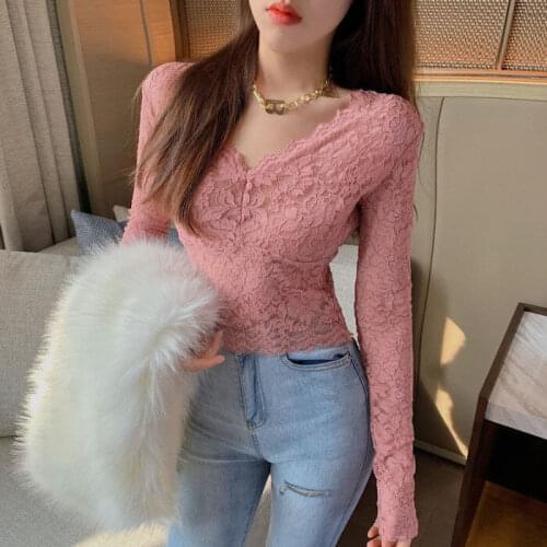 Blouse Women Womens Hollow-out Sexy V-neck Long Sleeve Lace Shirt Autumn Winter Coat Blusas Mujer De Moda