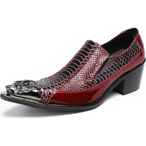 Big Yards Luxury Pointed Toe Party Dress Shoes Men High Heels Trendy Red Wedding Shoes Mens Genine Leather Business Casual Shoes