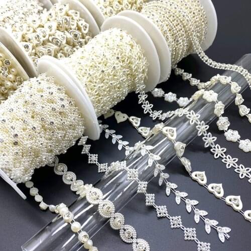1Yards Rhinestone Chain Pearl Crystal Jewelry Chain Sew On Trims Wedding Dress Costume Applique Jewelry Making DIY Accessories