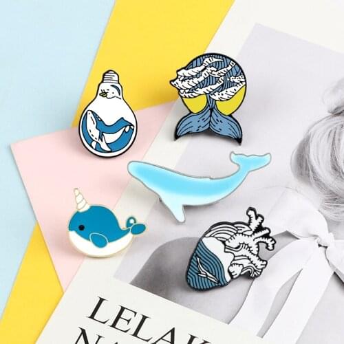 Blue Whale Wave Enamel Pins Ocean Animal Heart Brooches Fashion Shirt Bag Lapel Pin Badge Cartoon Jewelry Gift for Kids Friends