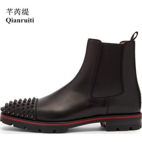 Qianruiti Fashion Men Chelsea Boots Ankle Spike Rivet Boots Elastic Band Round Toe Low-heeled Shoes EU39-EU46
