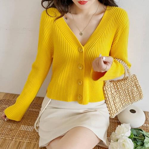Crop top Woman Cardigan Sweater Female Rib knit Button Sweater Spring Women V-neck clothes Autumn Ladies sweater jacket 2020