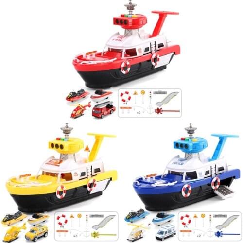 Simulation Track Inertia Boat with Vehicles Set Music Story Lights Transport Storage Ship Model Car Parking Kids Toys A2UB