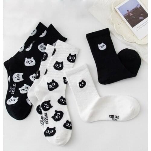 Embroidered Kitten Mid-tube Cute Cotton Cat Black White Socks Couple Street Women Cartoon Men Funny Short Casual Creative Socks