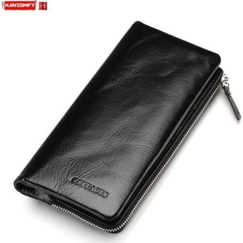 New Retro Genuine Leather Mens Wallet Casual Mobile Phone Clutch Bag Leather Zipper Coin Purses Male Card Holder Long Wallets