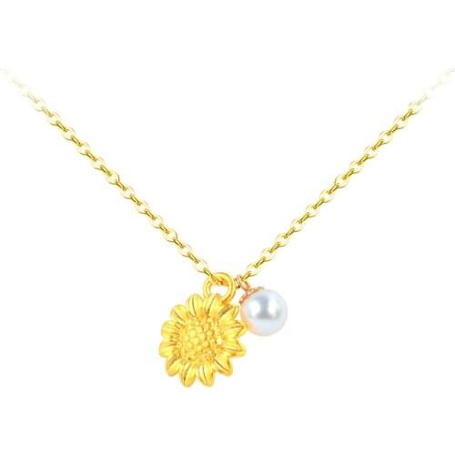 NYMPH Real 24K 999 Gold Fine Jewelry Necklace Sunflower and Natural Pearl Pendant Pure 18K AU750 Chain Wedding Gift for Women D9
