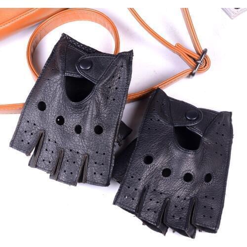 Mens Real Leather DeerSkin Wrist Button Military shrink Wrist Police Tactical Athletic Fingerless Half Finger Driving Gloves