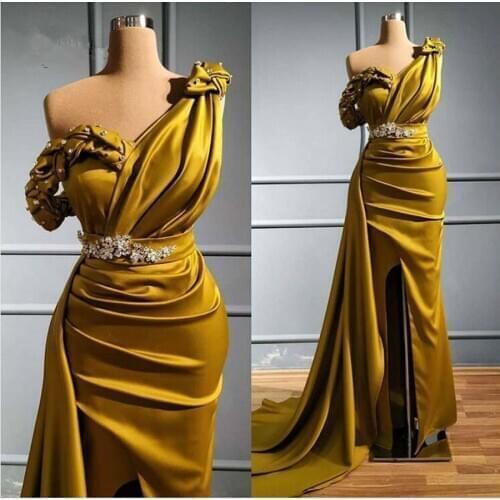 Real Picture Elegant Gold Mermaid Evening Dresses Sexy Side Split Long Prom Gowns With Ruffles Crystal Party Dress
