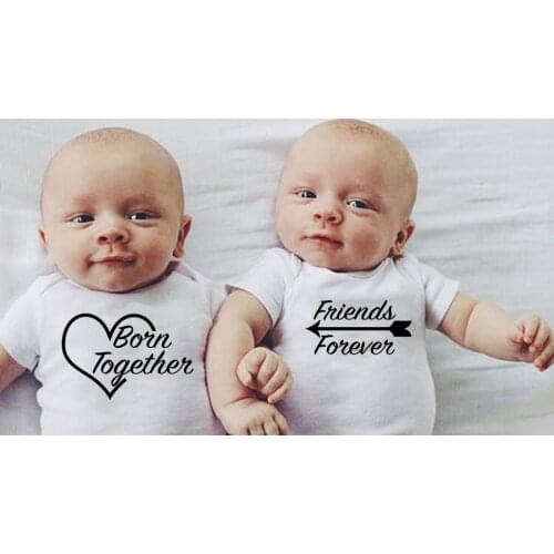 Born Together Friends Foreve Cute Twins Baby Bodysuits NewBorn Twins Gift Cute White Onesie Casual Style Clothing