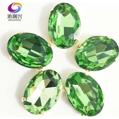 Light green oval shape High quality Glass Crystal sew on stones,golden bottom claw rhinestone,Diy/Clothing accessories SWTG16