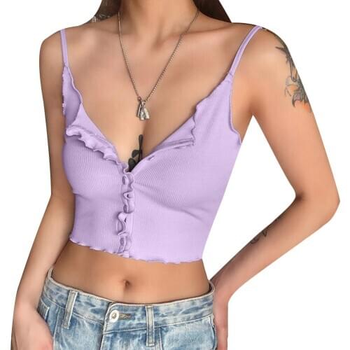 Womens sexy ruffled knit vest, thin spaghetti belt button knit vest top soft and breathable skin-friendly