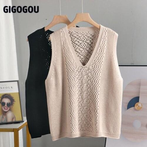 GIGOGOU Casual Loose Women Knitted Vest Hollow Out Crocket Ladies V Neck Pullover Tank Tops Spring Autumn Waistcoat Female Coats