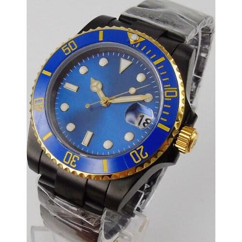 40mm Sterile Blue Sunburst Dial Luminous PVD Coated Ceramic Bezel Sapphire Glass NH35 Date Automatic Mens Watch