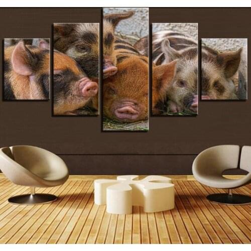 5 Pieces Four Cute Pigs Canvas Animals Wall Art Painting Wallpapers Pictures For Living Room Decor Home Improvement Posters