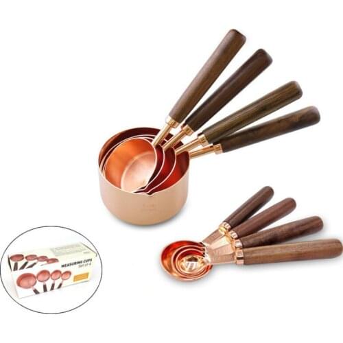 Household Kitchen Dining Bar Baking Tools Walnut Wooden Handle Copper Plating Measuring Cups Spoon Cake Sugar Tools Set