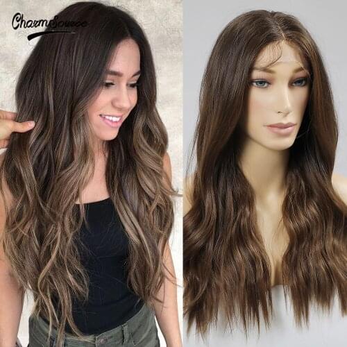 CharmSource Long Brown Lace Part Wig Synthetic Wigs Baby Hair Women Lace Wig Natural High Density Heat Resistant Daily Use