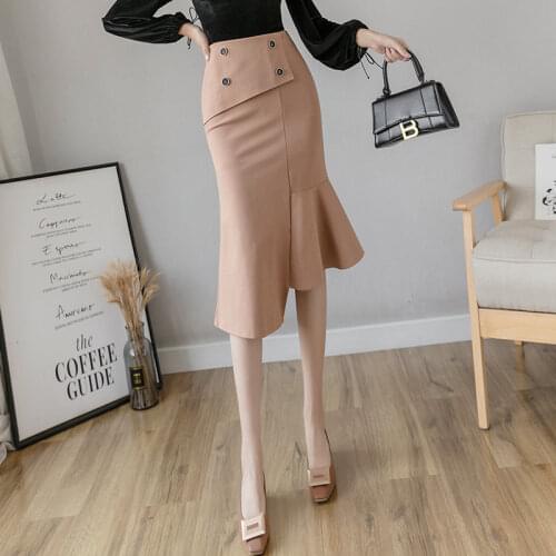 Elegant Midi Women Skirt Plus Size High Waist Fashion Mermaid Skirt Breasted Black Apricot Elastic OL Office Skirts Female