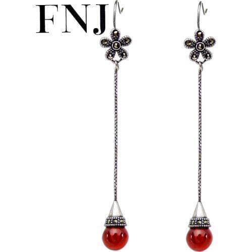 FNJ 925 Silver Earrings Flower Tassel Red Ball Stone Original S925 Sterling Silver Drop Earring for Women Jewelry