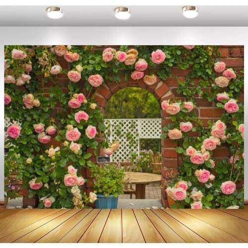 Red Brick Wall Arched Door Art Photo Background 3D Rose Flowers Wedding Backdrop Photography For Studio Kids Portrait Photoshoot