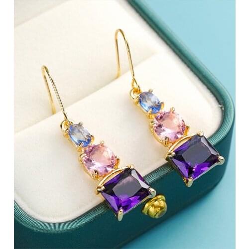 Exquisite Gold-plated Rainbow Purple Green Electric Stone Ring Pendant Earrings Are Suitable for Womens Wedding Party Jewelry