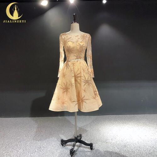 JIALINZEYI Real Pictures Champange lace and Gold Beads Long Sleeves Knee Length vestido de noiva Party Dress Prom Dresses