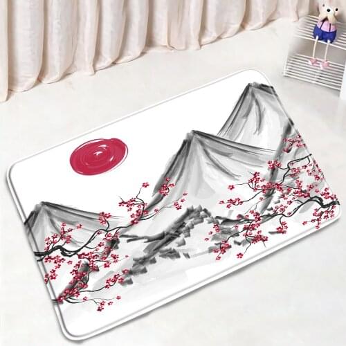 Chinese Style Bathroom Mat Ink Plum Blossom Mountain Water Landscape Non-Slip Rugs Home Decor Bath Kitchen Doorway Aisle Carpet