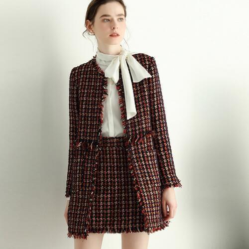 Red plaid tweed jacket + skirt suit autumn / winter womens jacket ladies bright silk tweed fringe 2 piece skirt suit