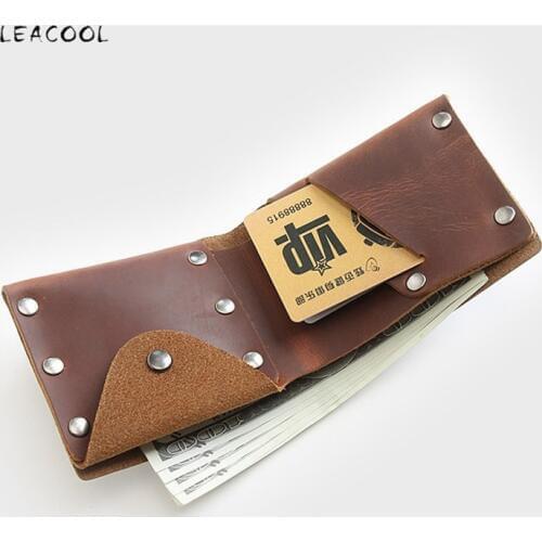 LEACOOL Genuine Leather Men Wallet Slim Short Card Holder Wallet Man Card Holder Male Crazy Horse Small Coin Pocket Wallets