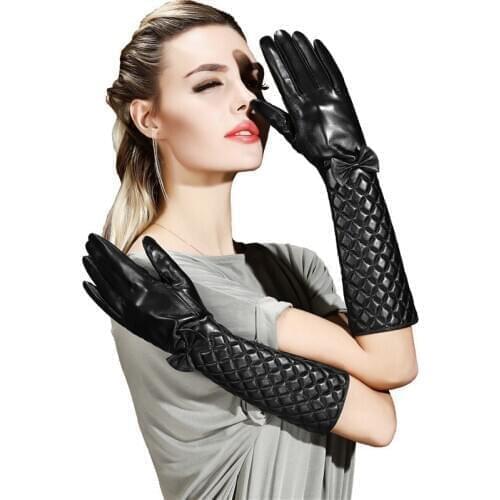 Fashion Black 40cm Long Lambskin Genuine Leather Black Gloves Women Embroiedery Butterfly Winter Sheepskin Screen touch Glove