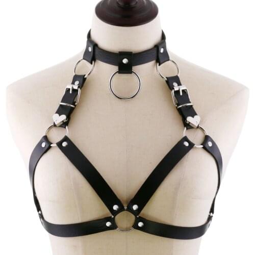 2021 New Sexy Women Leather Harness Bust Belt White Bra Steampunk Goth Rivet Crop Tops Night Costume Gift Plus Size Underwear