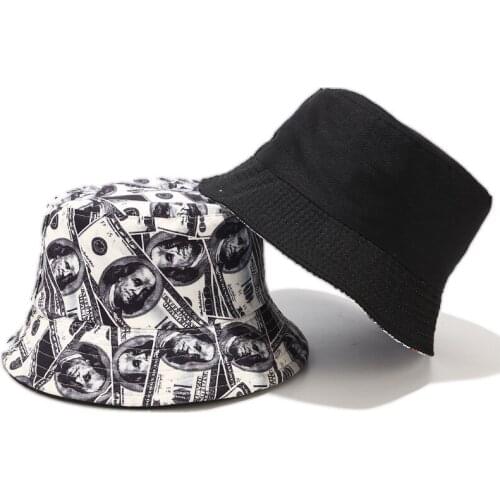 2021 New Dollar Print Reversible Bucket Hat Bob Chapeau Femme Fisherman Hat Men Fishing Bucket Hats Outdoor Casquette