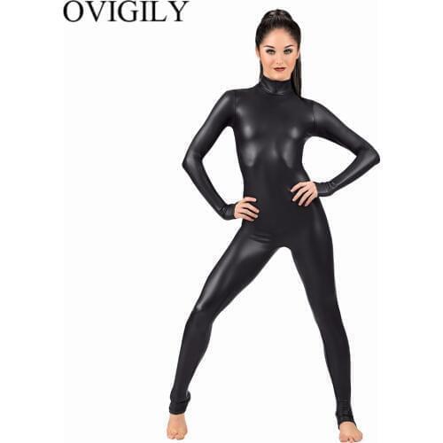 OVIGILY Women Spandex Metallic Unitard Catsuit Adults Shiny Lycra Long Sleeve Unitards Bodysuits Skin Black Tight Female Costume