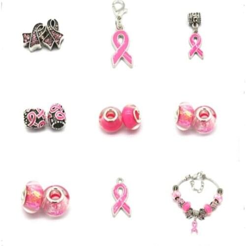 DIY Breast Cancer Awareness Pink Ribbon dangle charms Pendant Heart Snake Chain Adjustable Charm Bracelet & Bangles Women Gift