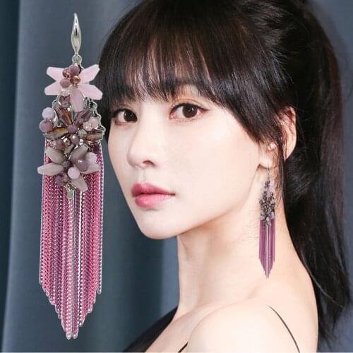 Boho Crystal Beaded Flowers Long Chain Drop Tassel Earrings Handmade Bohemian Earrings Fashion Jewelry For Women Wedding Party