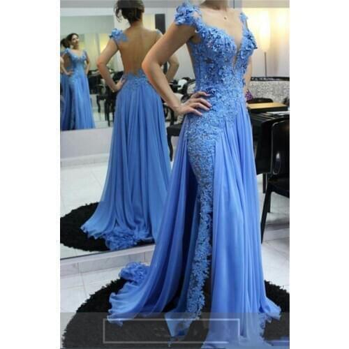 Modest Design Blue Mermaid Evening Dresses Sheer Jewel Neck Cap Sleeves Lace Appliques Beads Chiffon Formal Party Prom Gowns
