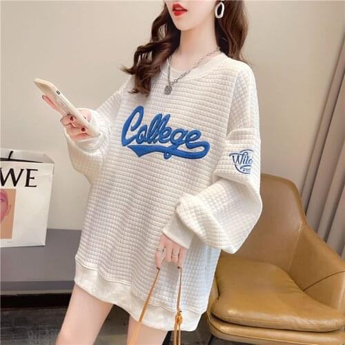 Womens Sweatshirts Harajuku Girls Loose Waffle Pullovers Spring Autumn O-neck Letter Embroidery Oversize Tops White Streetwear