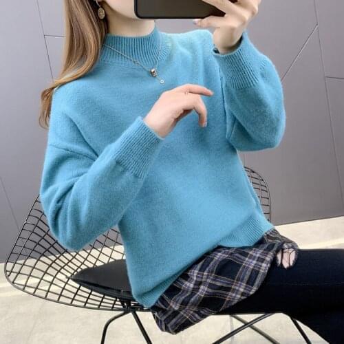 5966c area 43] - real shot Alpaca shirt splicing half high collar knitting fake two piece Pullover 44