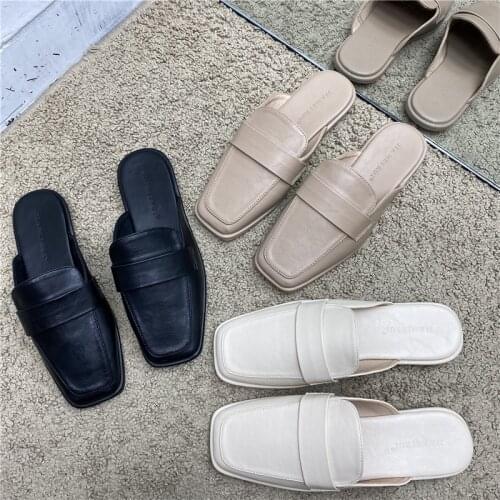 Zapatos De Mujer Women House Black Pu Leather Slip on Flats Low-Heel Shoes Ladies Casual Street Beige Summer 2021 New Loafers