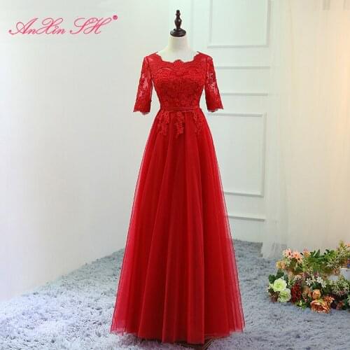 AXJFU Princess red lace long evening dress vintage boat neck lace up navy blue lace bow evening dress red zipper evening dress