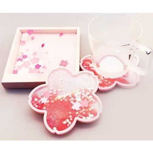 Funny Sakura Coaster Glitter Quicksand Coaster For Drink Sakura Cup Coaster Cute Silicone Non Slip Insulation Coaster Kitchen