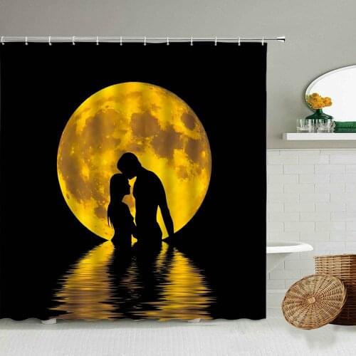 Omantic And Beautiful Love Shower Curtain Moon Starry Night Couple Valentines Day Bathroom Waterproof Screen Home Decoration