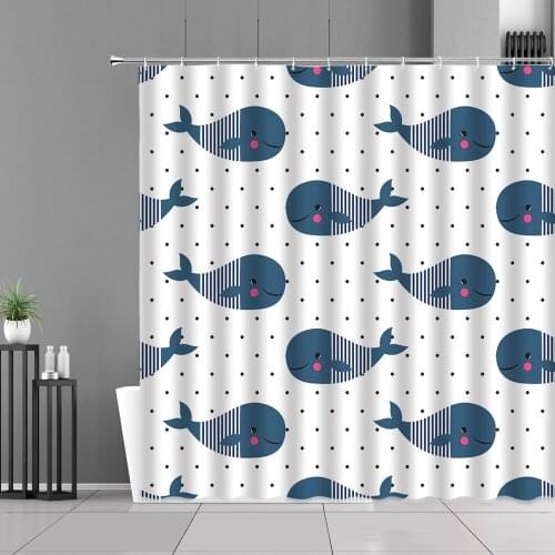 Cartoon Whale Wave Point Print Shower Curtain Ocean Animals Whales Dolphin Tropical Fish Bathroom Curtains For Child Room Decor