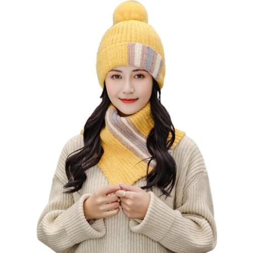 Women Winter Knit 2Pcs Beanie Hat Turtleneck Collar Circle Scarf Set Contrast Color Striped Plush Lined Pompom Skull Cap